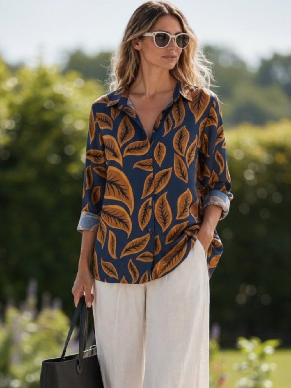 DISMERO ITALIAN SATIN LEAF PRINT BUTTON UP SHIRT BLOUSE